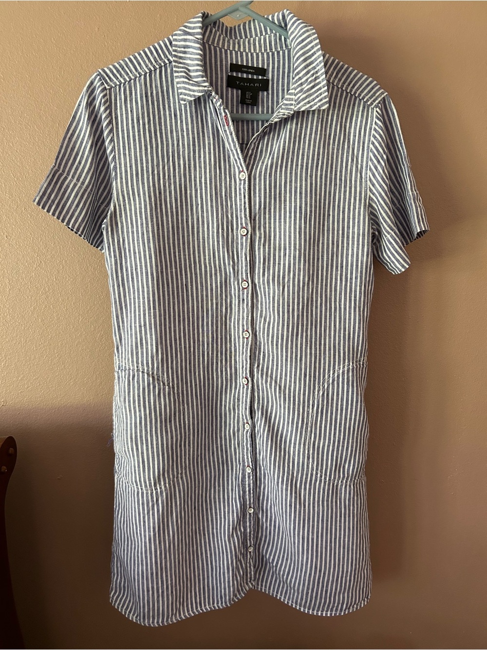 Tahari Navy and White Striped Shirt Dress